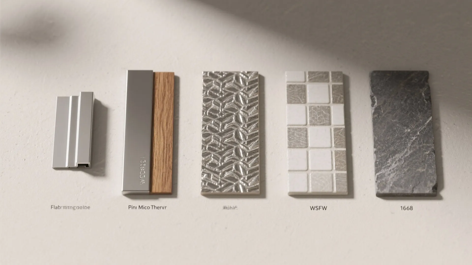 Row of five material samples showing metal wood textured pattern tiles and dark natural stone