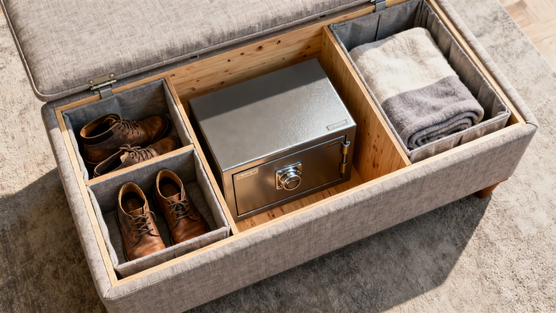 Top-down cutaway view of a compartmented ottoman with shoe cubby, blanket storage, and a hidden safe compartment