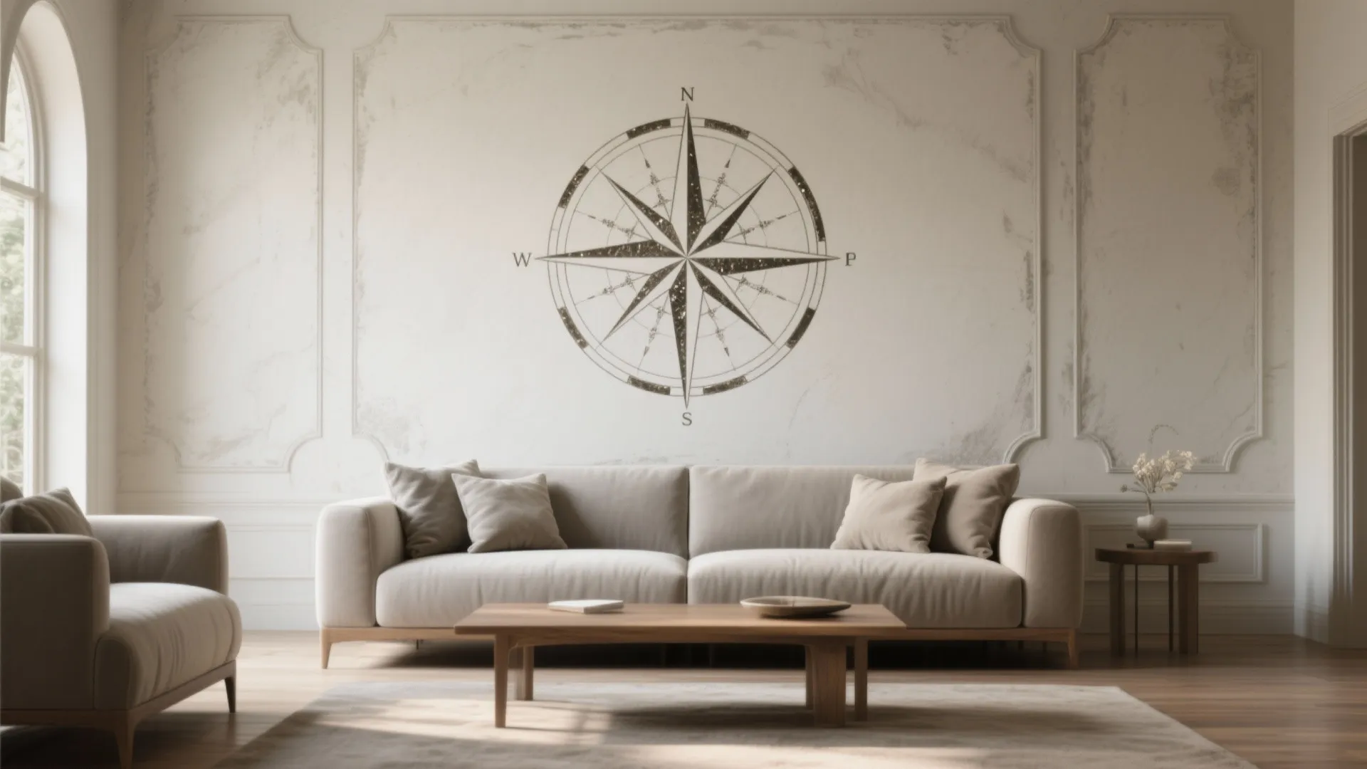Oversized Medallion or Compass Motif Behind the Sofa