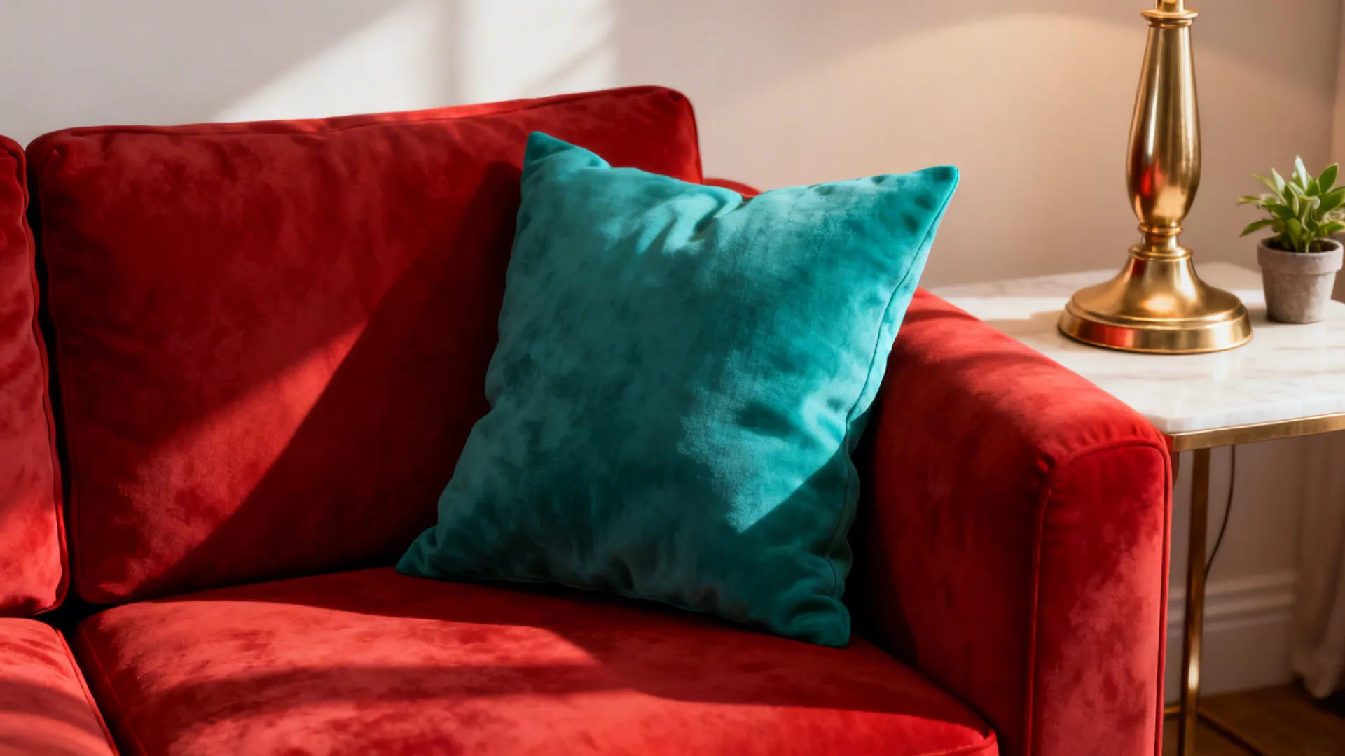 Close-up of teal pillow and brass lamp on a red sofa with textured fabric.