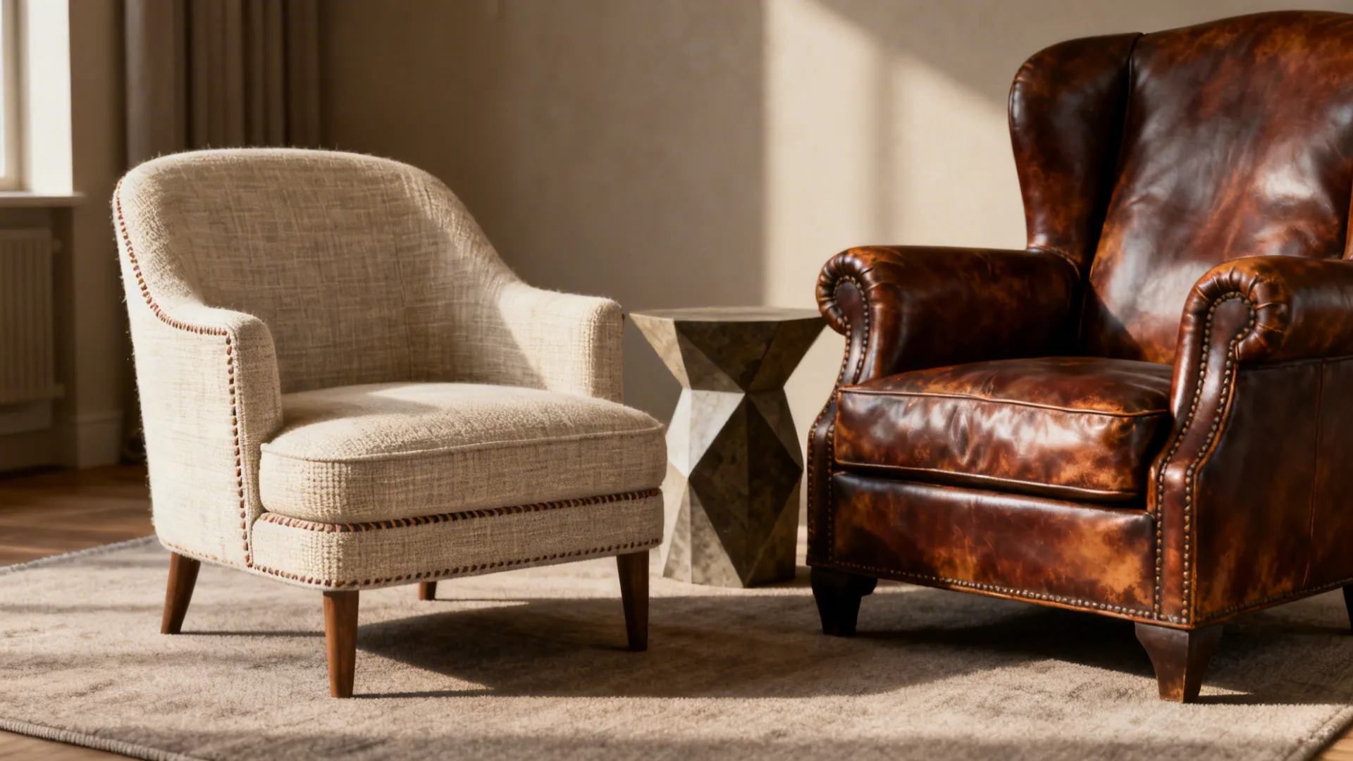Linen slipper chair paired with a leather club chair showing contrasting textures in a styled living room.