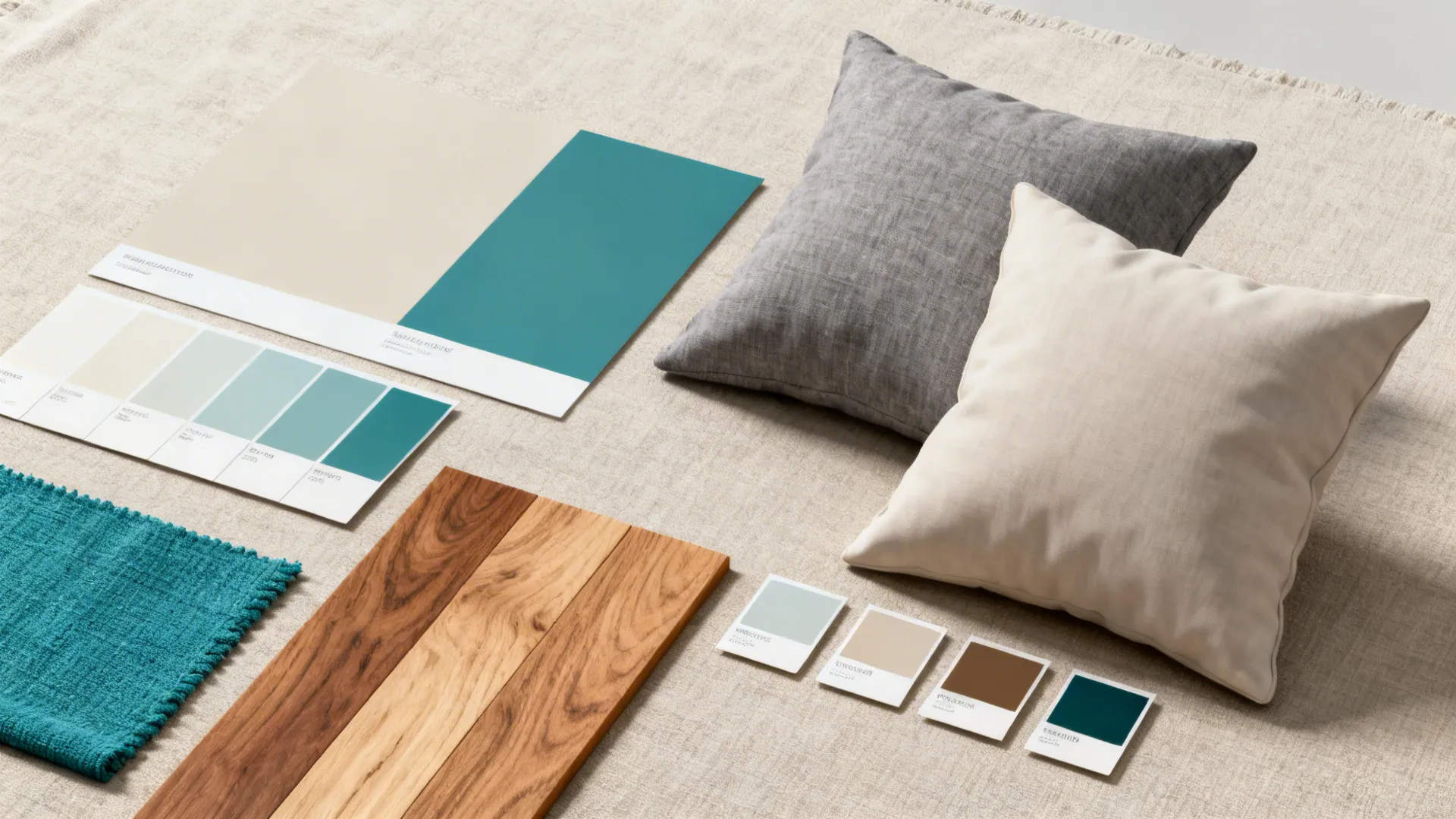 Flatlay of neutral paint swatches with teal and gray accent fabric samples and pillow mockups.