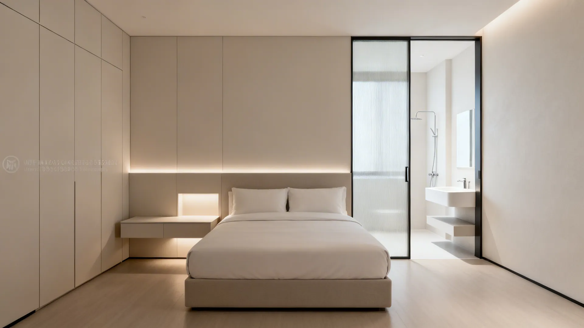 Complete 13x13 suite with storage wall, centered bed, and bright ensuite with wall-hung vanity.