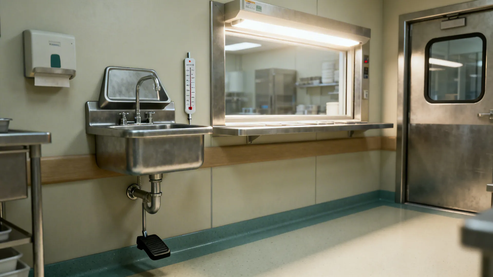 Close-up compliance features: hand sink, splash guard, thermometer, and sealed pass window.
