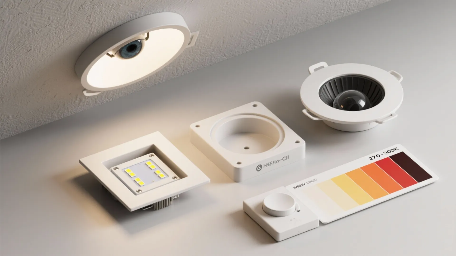 A collection of different white light fixture parts and a colorful light temperature control card