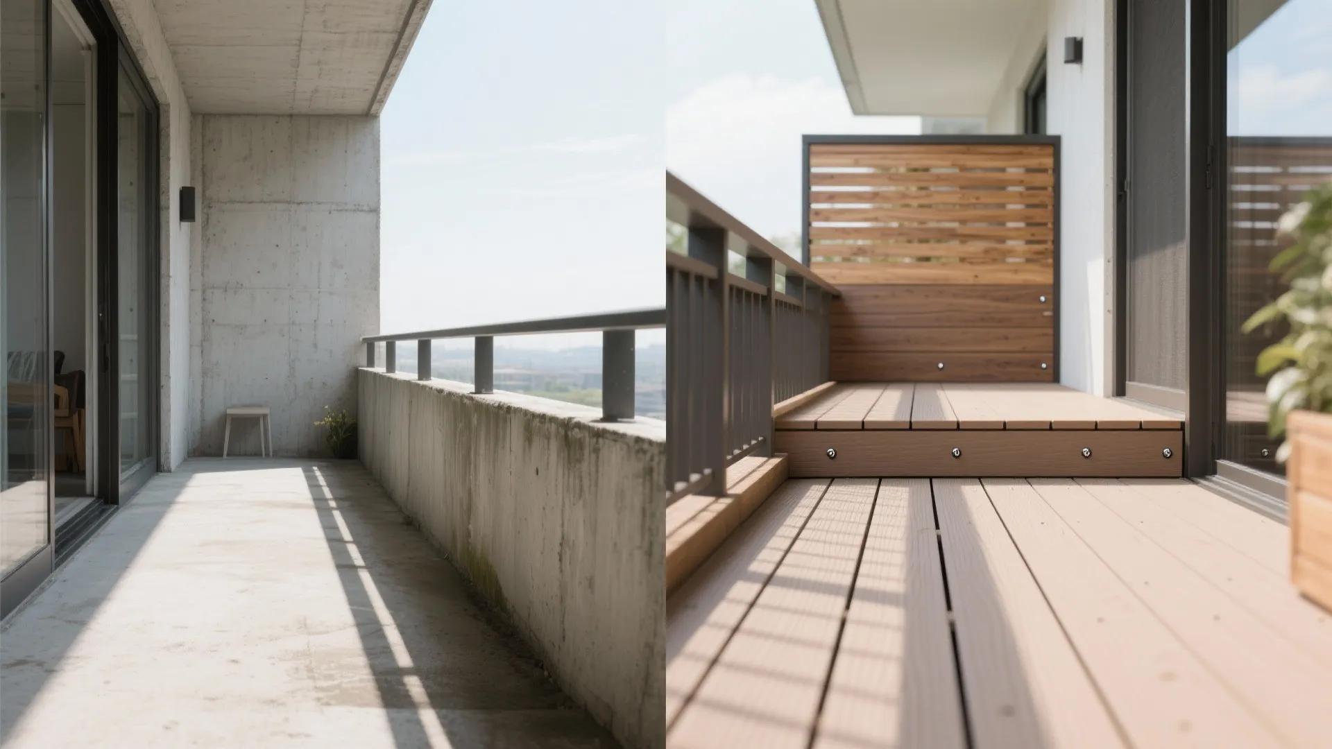 Before-and-after of balcony: concrete vs light-tone composite decking with cedar accents and UV-oiled trims.
