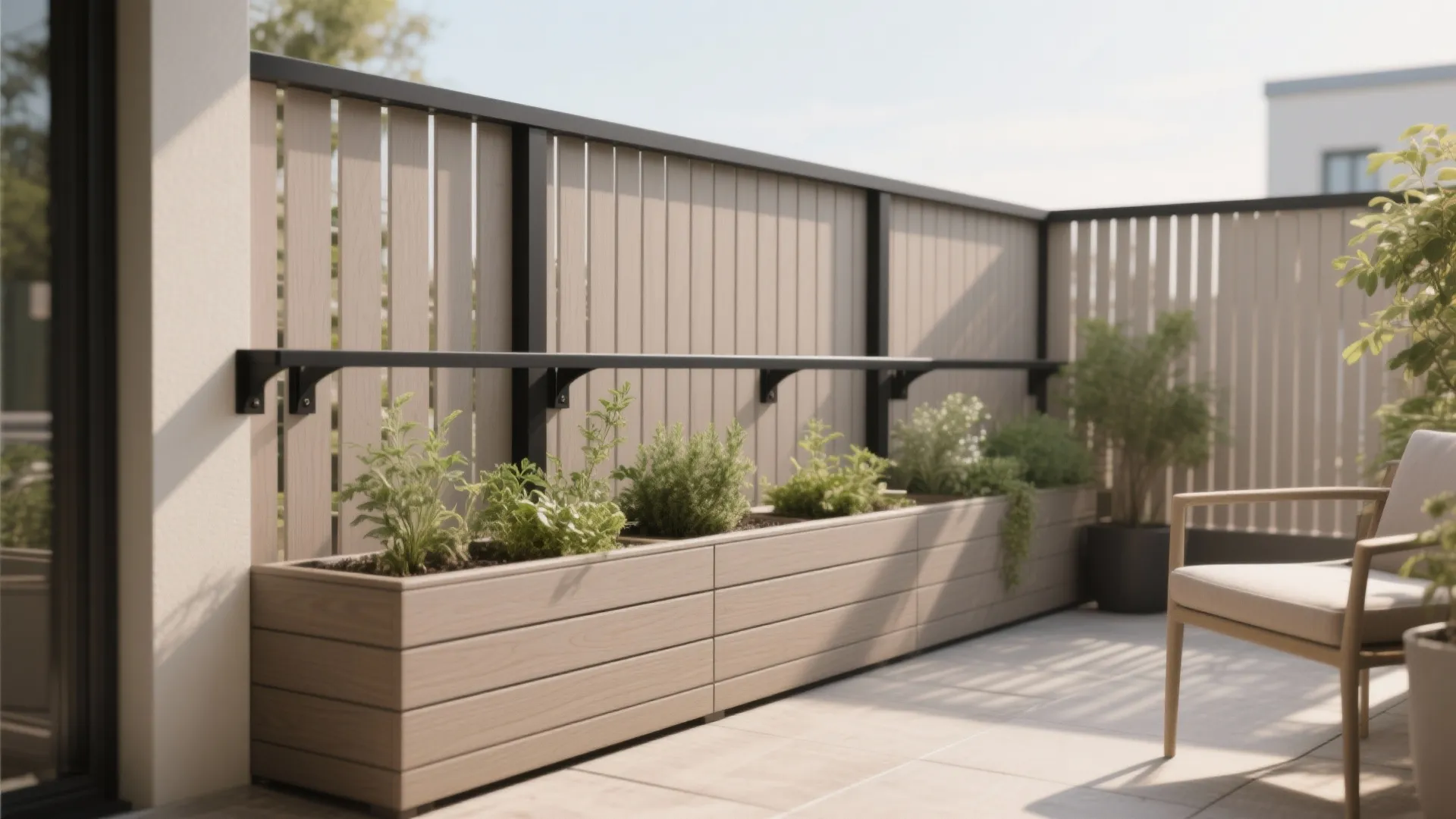 Outdoor balcony area featuring wooden privacy fence long planter boxes green plants and a comfortable chair