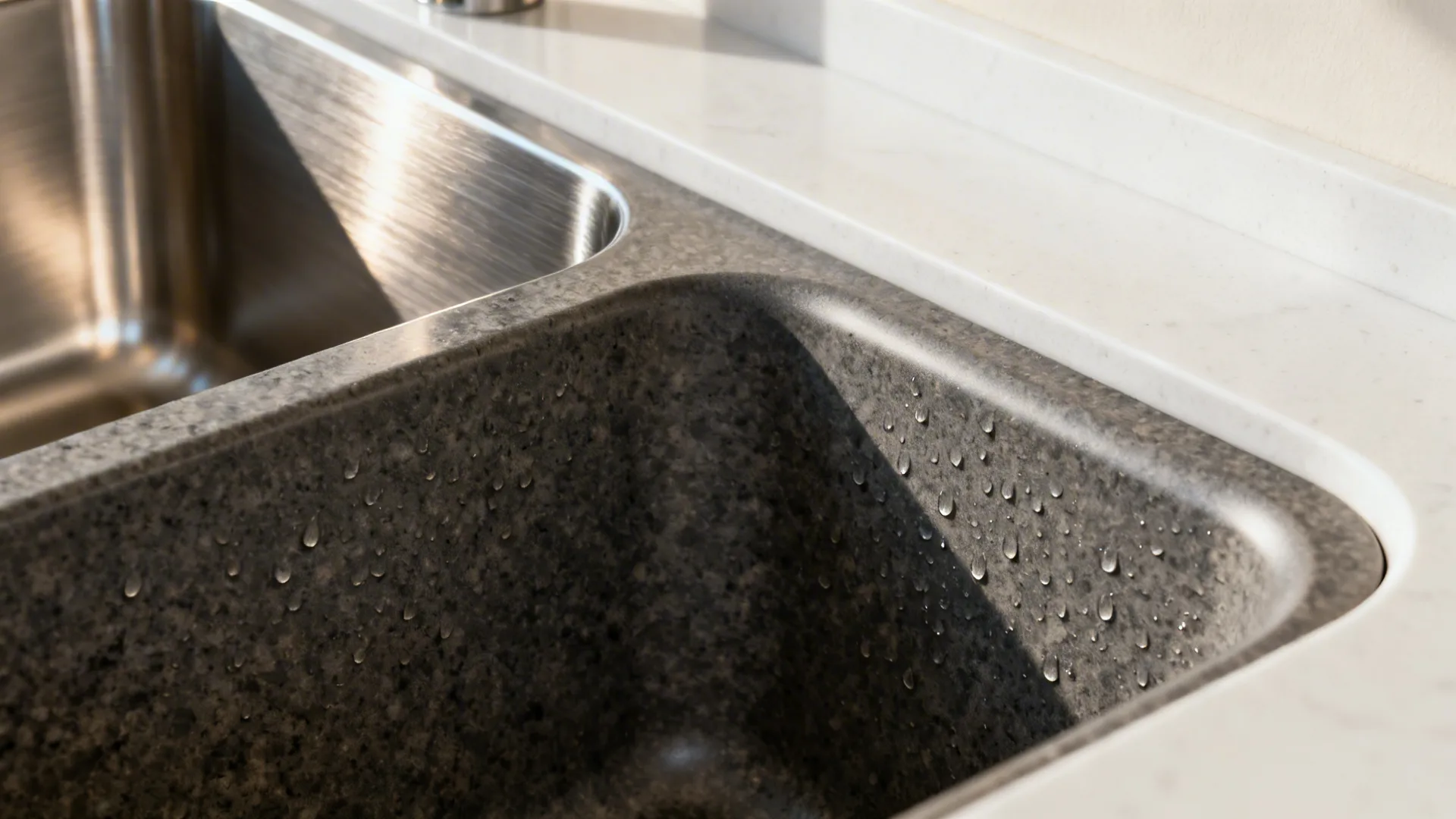 Macro detail of a composite granite double sink with rounded corners and matte texture in soft daylight.