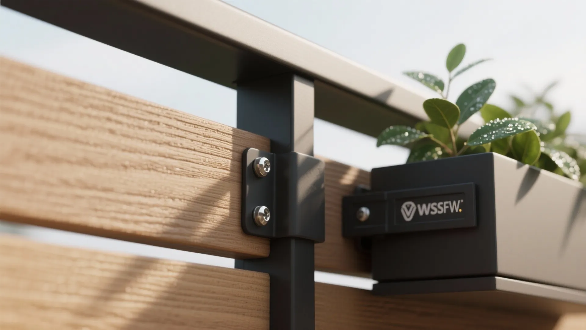 Close up of black metal railing post attached to wood panels with a black planter box