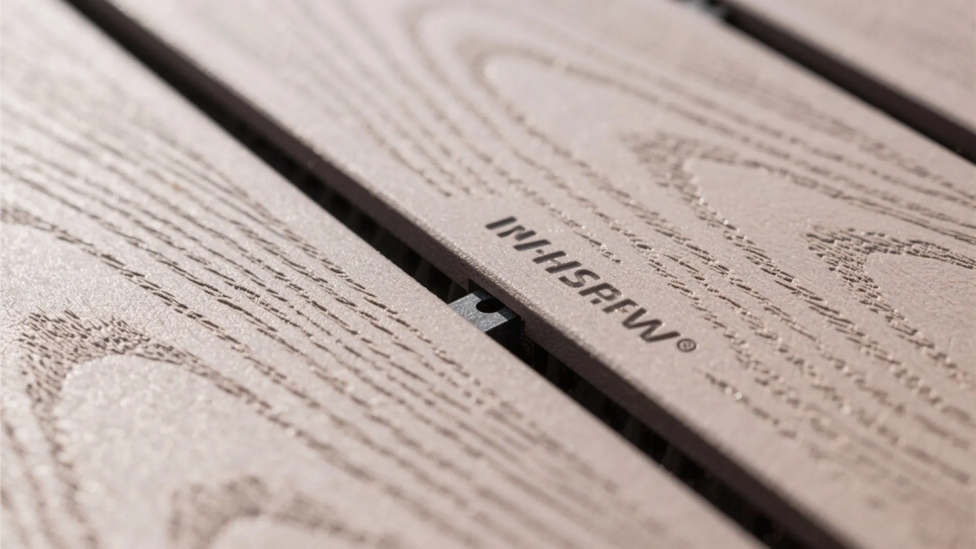 Macro of composite deck board with embossed grain and hidden fastener gap.