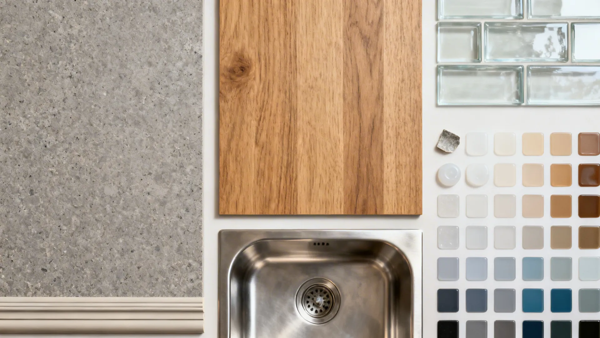 Interior design materials board with wood panel grey stone metal sink glass tiles and color samples
