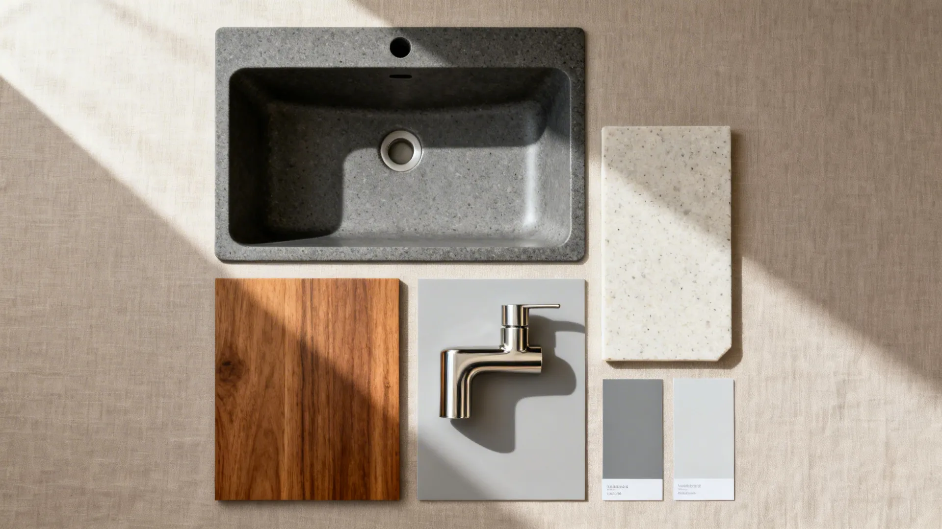 Flat lay of graphite composite, warm wood, light quartz, and brushed metal finishes.