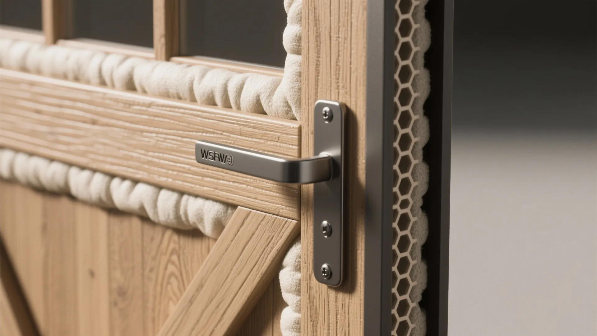 Close up of a wooden garage door with a metal handle showing layers of internal insulation