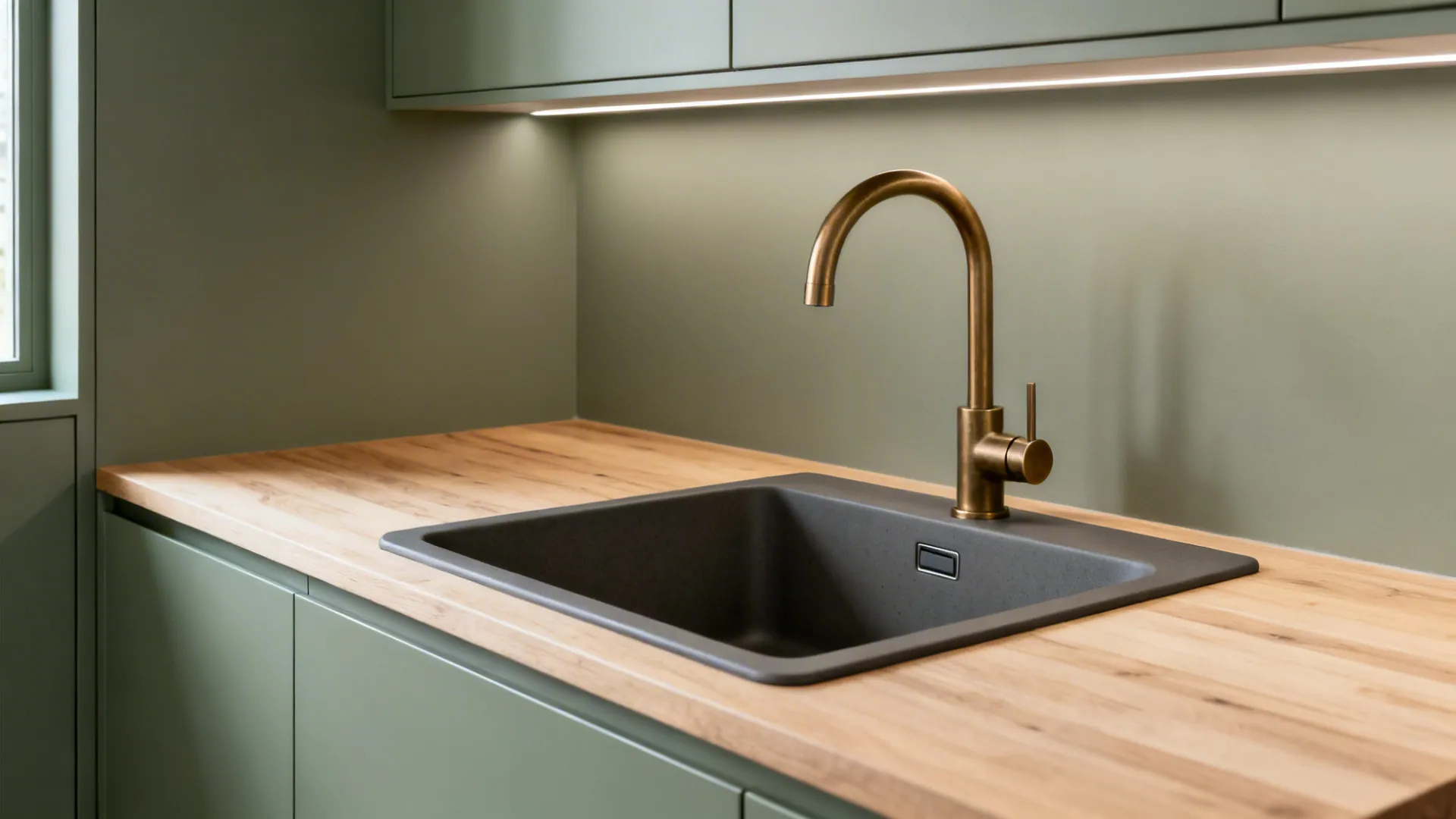 Studio kitchen with a matte graphite composite sink on a pale oak countertop and brass faucet.