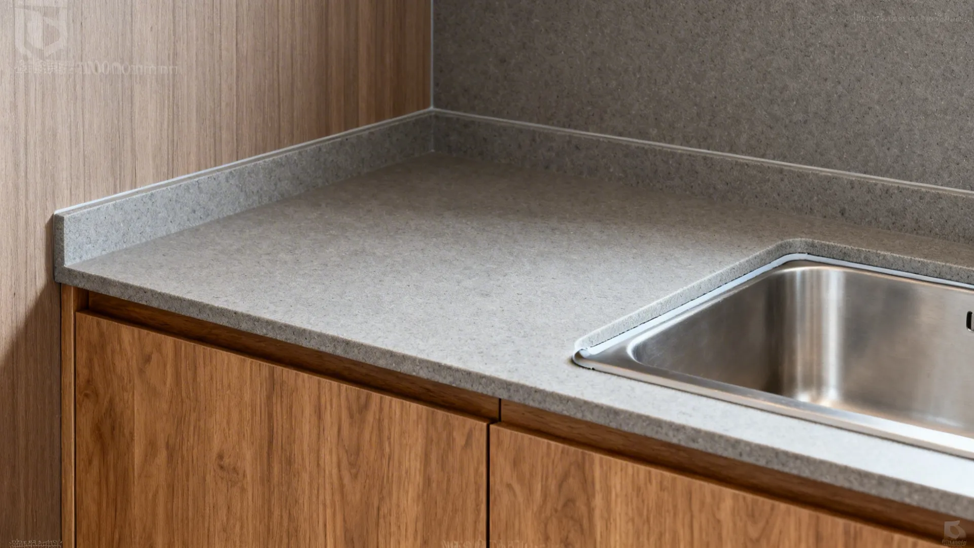 Modern kitchen with grey stone countertop wooden cabinets stainless steel sink and matching grey wall tiles