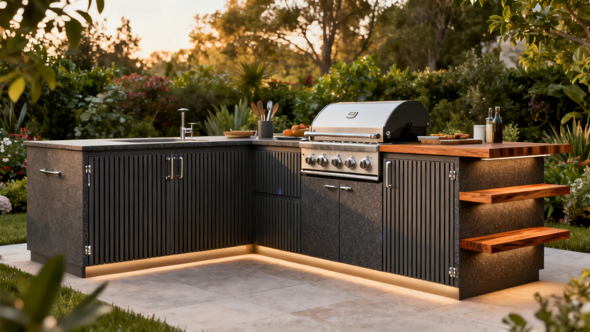 L-shaped outdoor kitchen with composite slat cladding and teak shelves, warm lighting and garden backdrop.