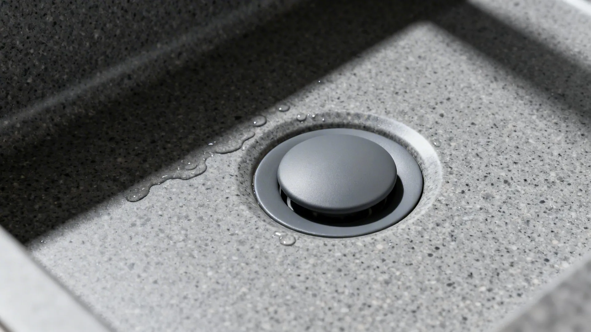 Macro of matte graphite composite sink surface with a color-matched strainer.