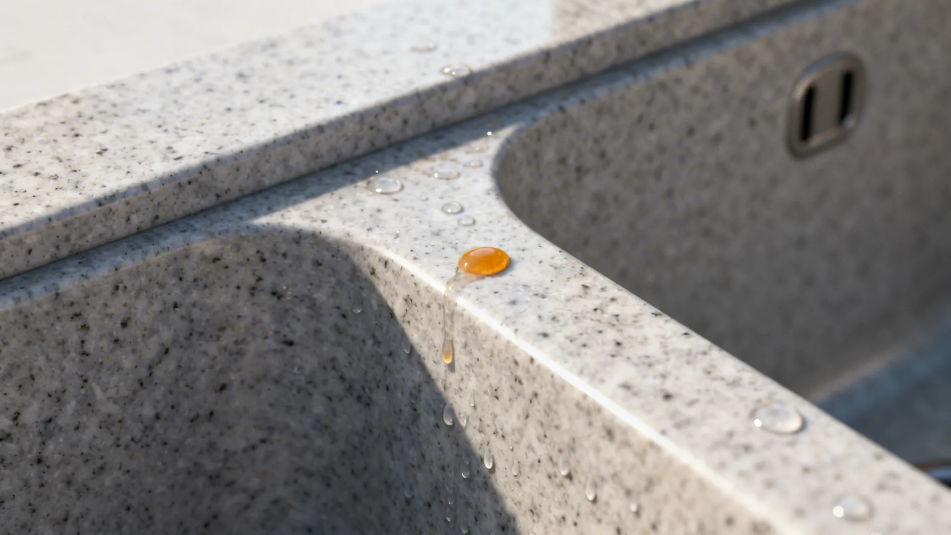 Macro of matte granite-composite sink texture with water droplets rinsing clean.