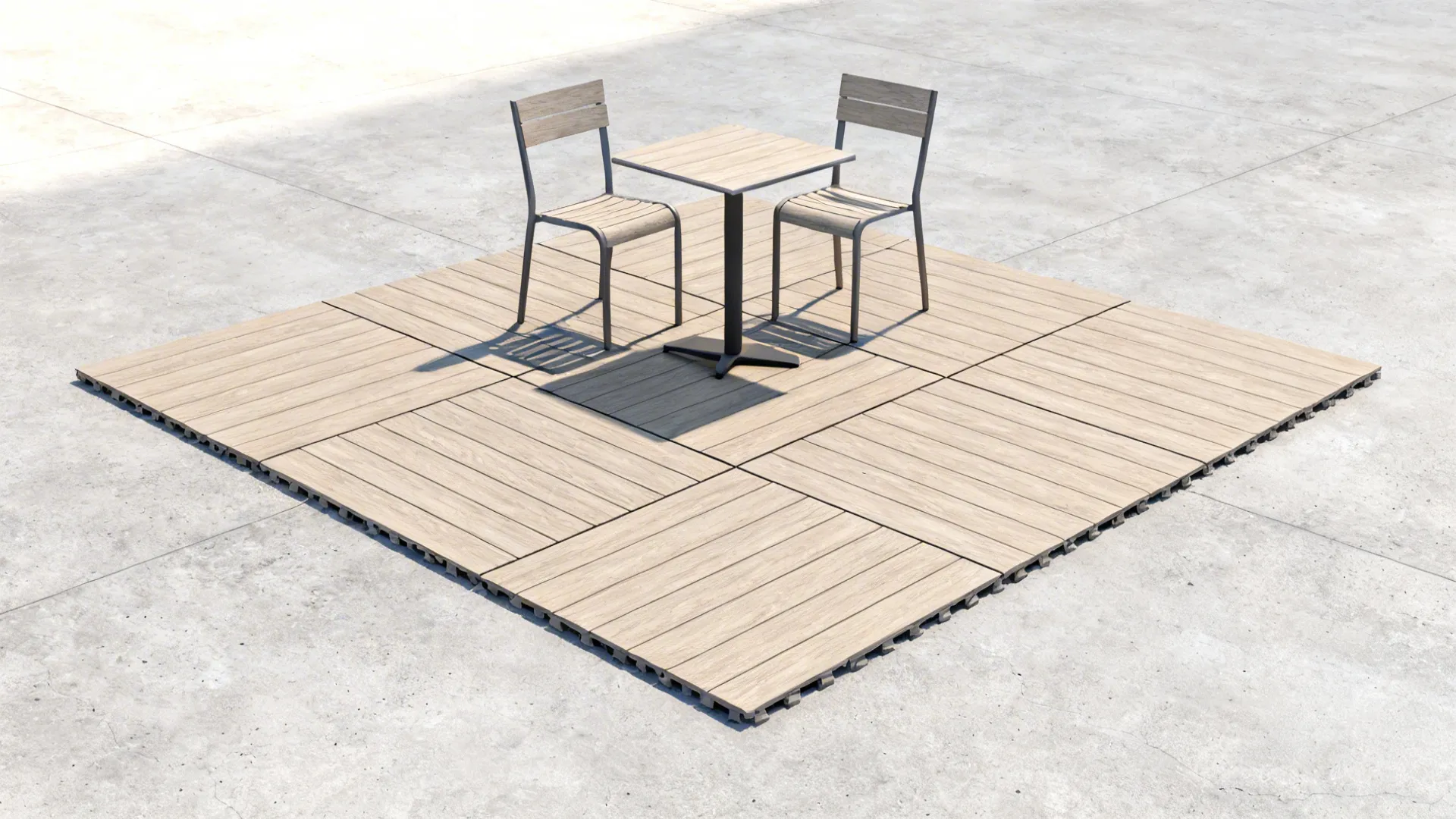 Interlocking composite tiles arranged in a compact grid with small outdoor furniture.