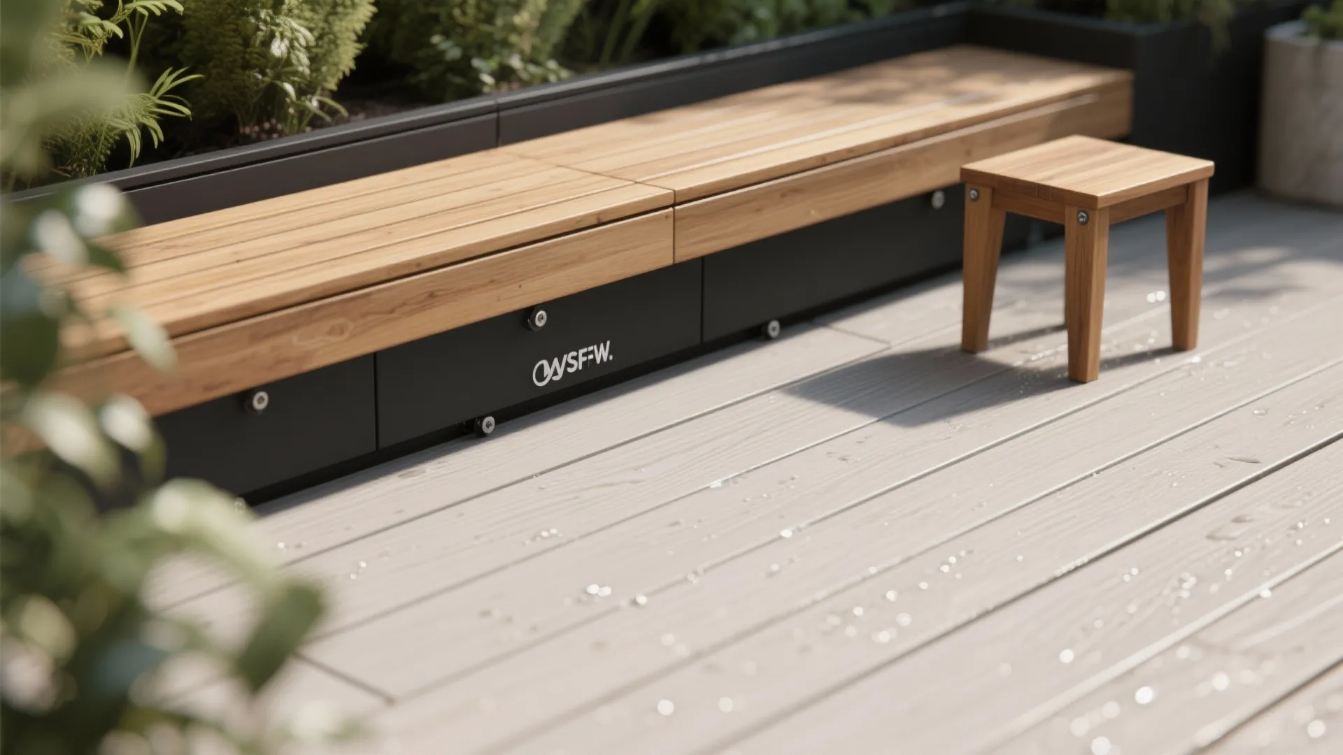 Outdoor wooden bench with black storage drawers and small matching wooden stool on grey deck