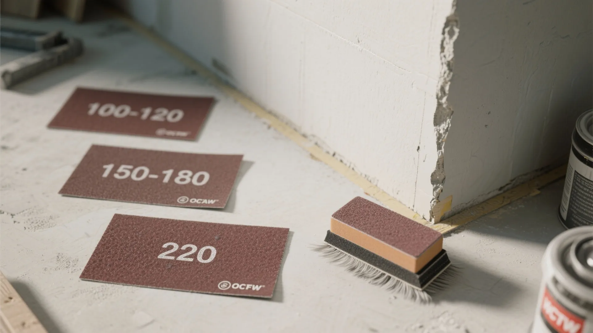 Different sandpaper sheets and a sanding block placed on the floor near a white wall