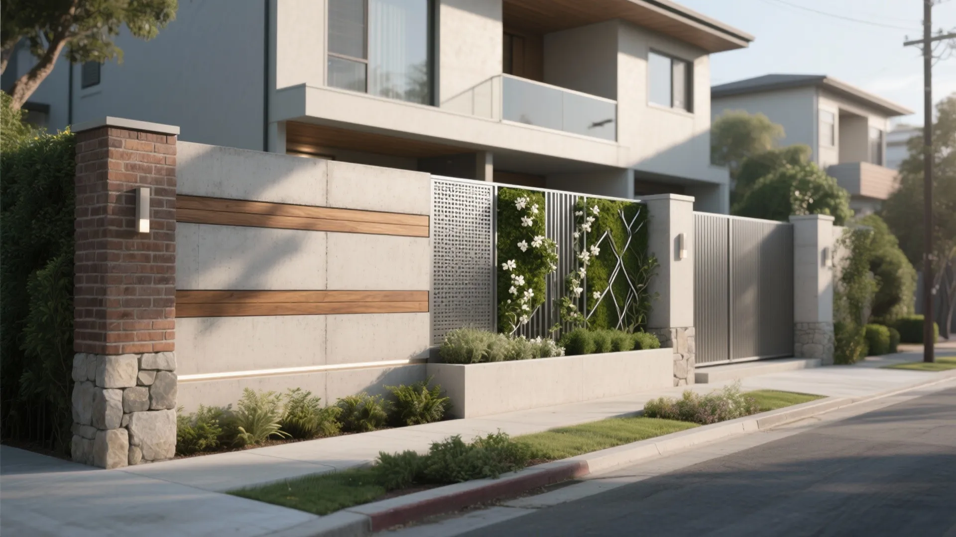 Modern exterior wall featuring concrete panels wood inserts green vertical garden and decorative stone base