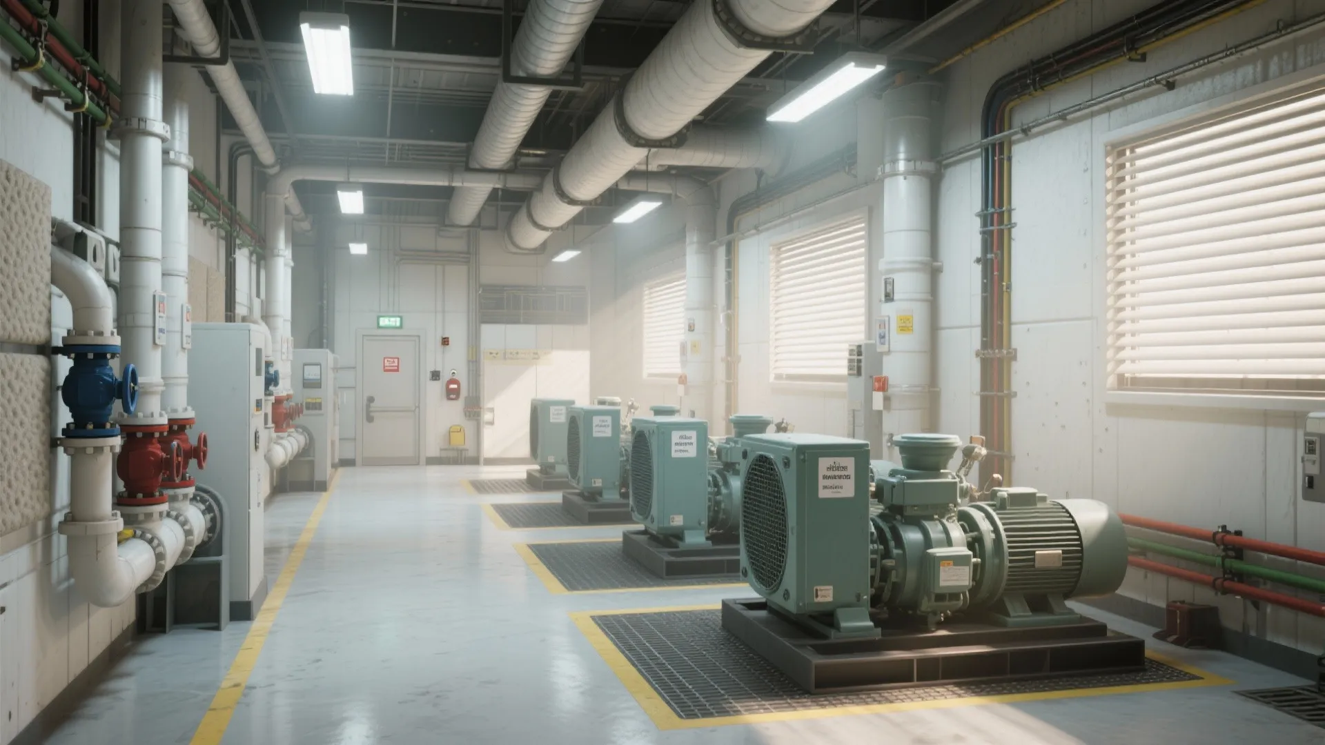 Industrial compressor room with green machines white walls ceiling pipes light fixtures and clean floor