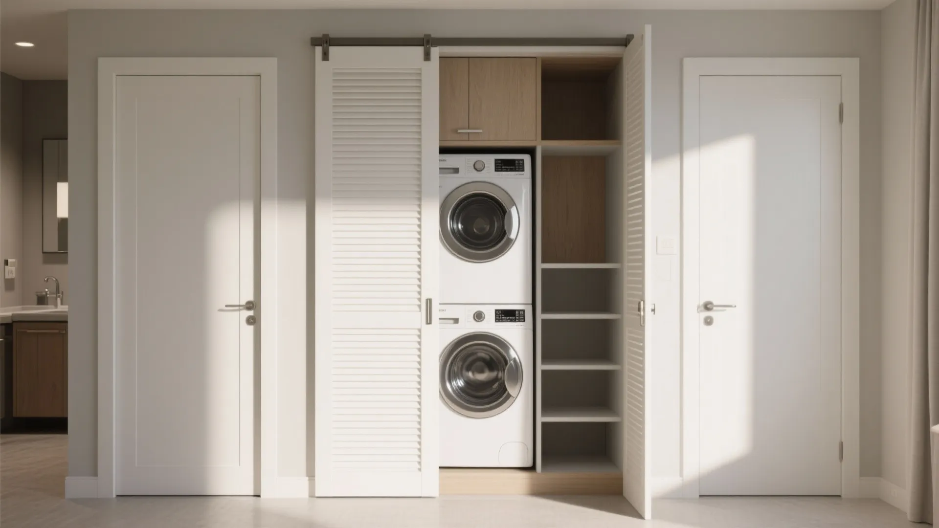 Stacked washing machine and dryer hidden inside a white closet with sliding doors and shelves