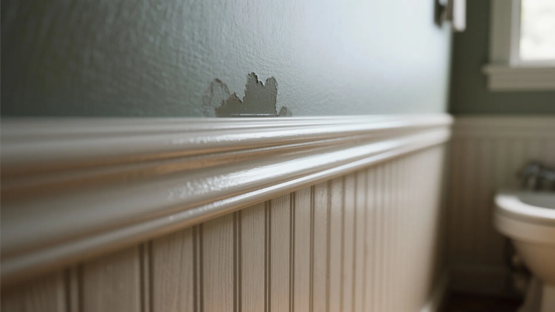 Green bathroom wall showing paint damage and water stains above a white wood wall panel