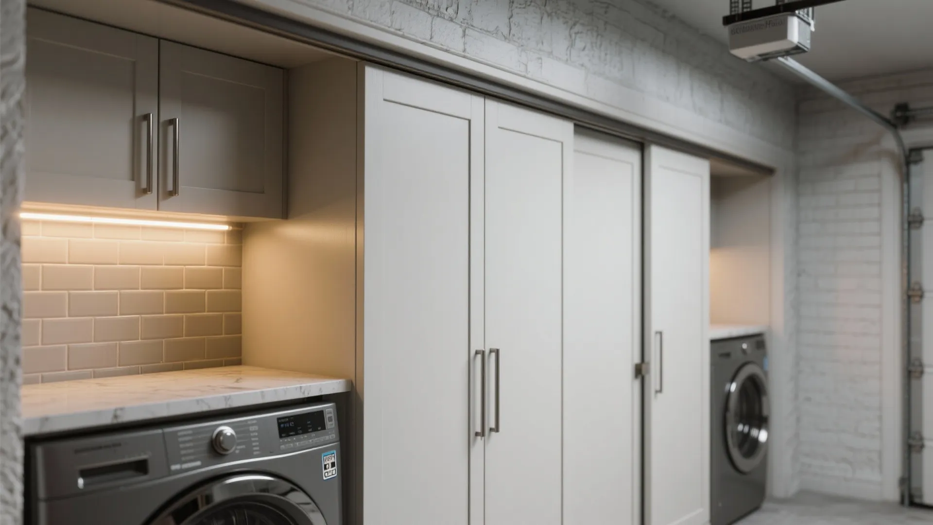 Grey laundry room cabinets and white sliding doors in a garage with a washing machine