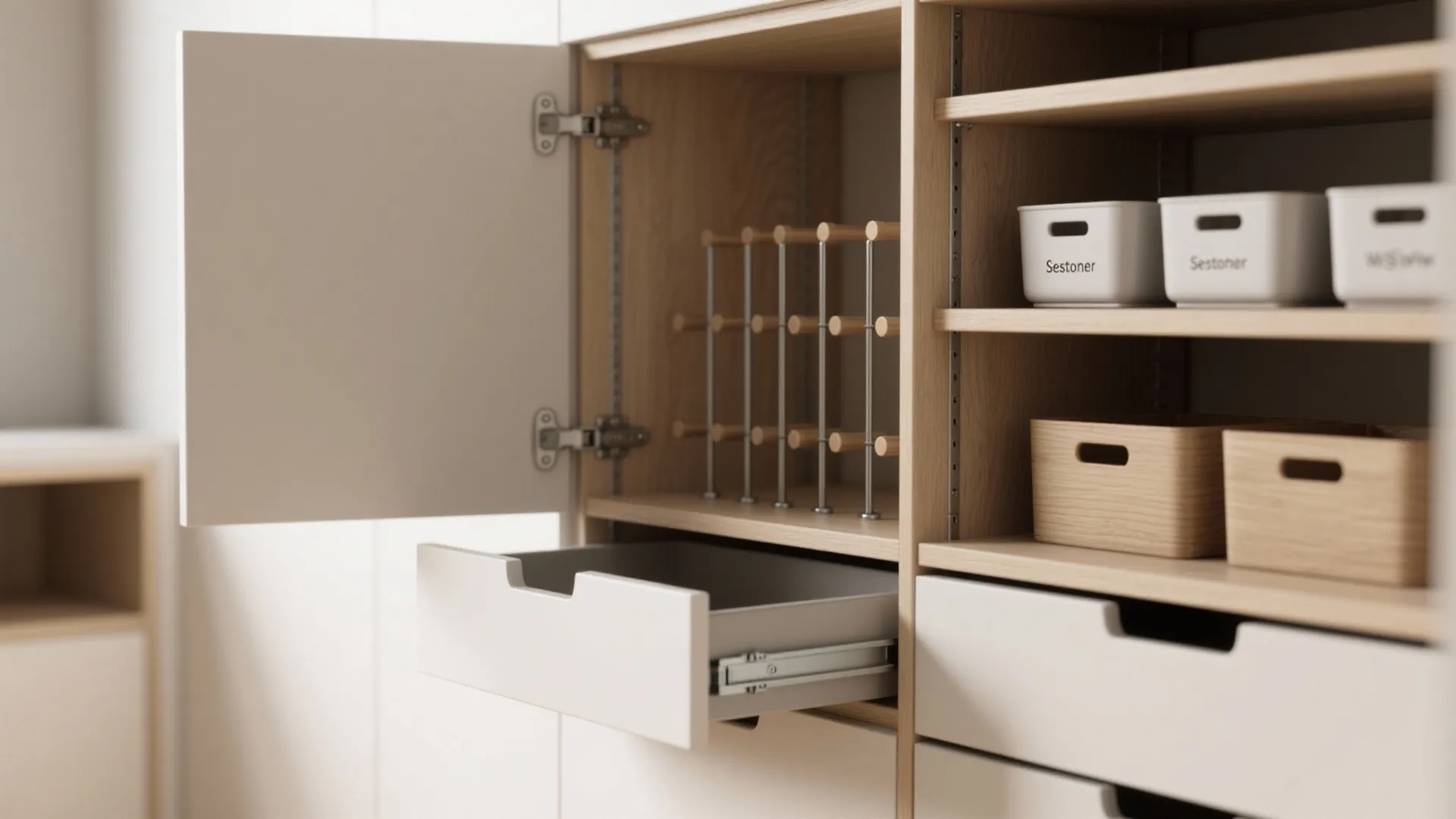 5. Concealed cabinets + adjustable shelving for seasonal swaps