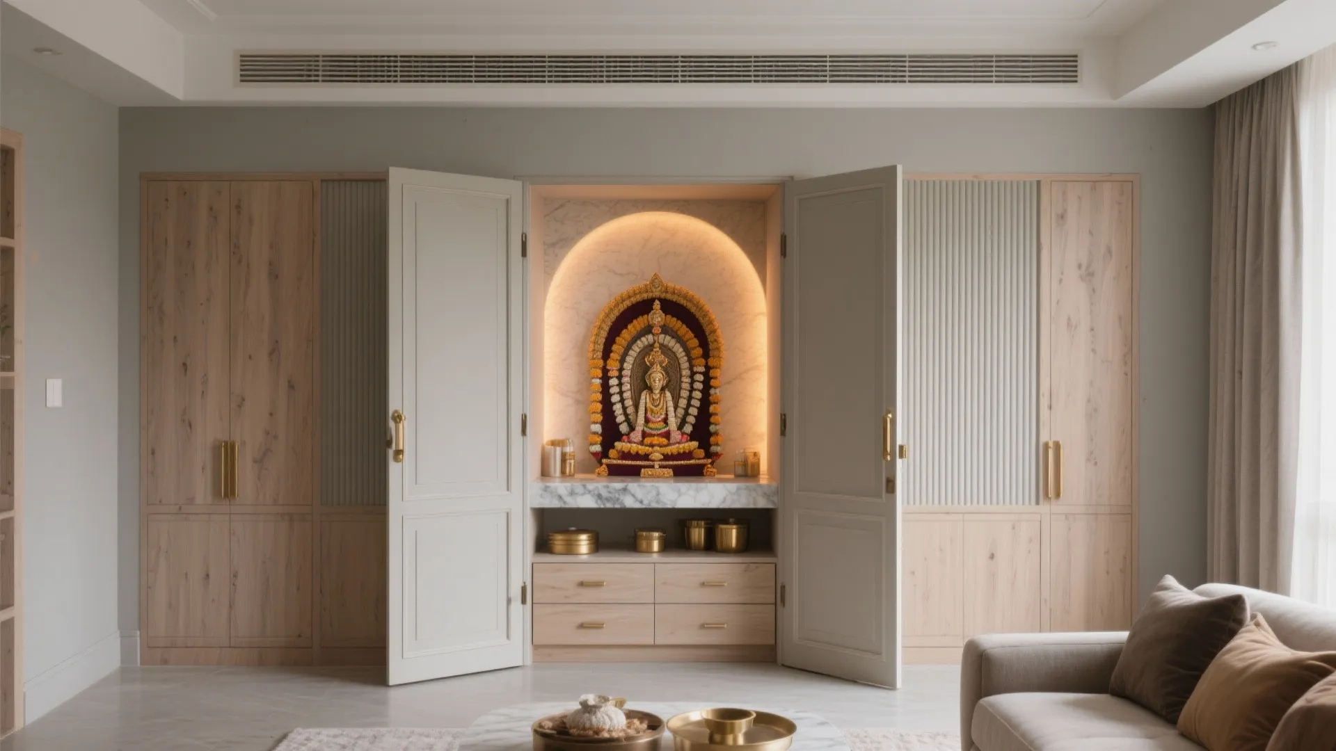 Concealed shrine behind fluted panels or a bookshelf