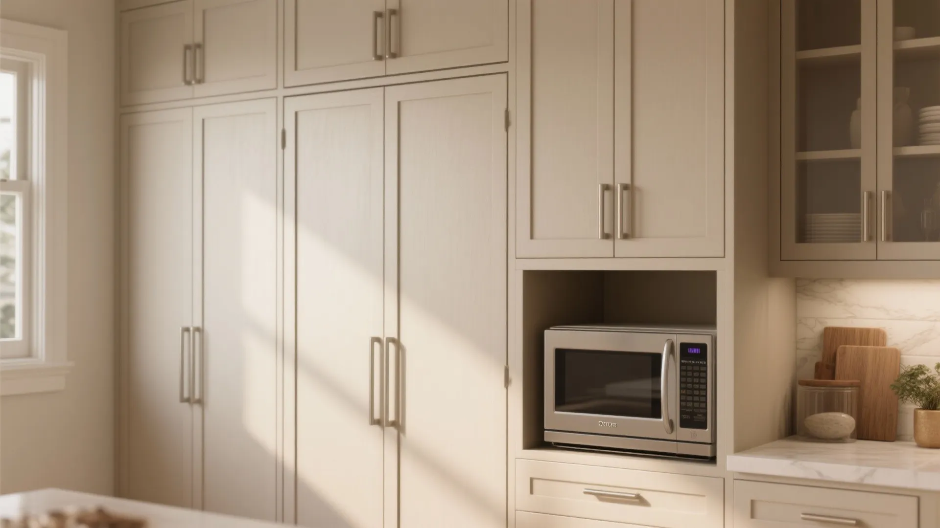 Built in kitchen cabinet unit with silver microwave oven and large white wooden storage doors