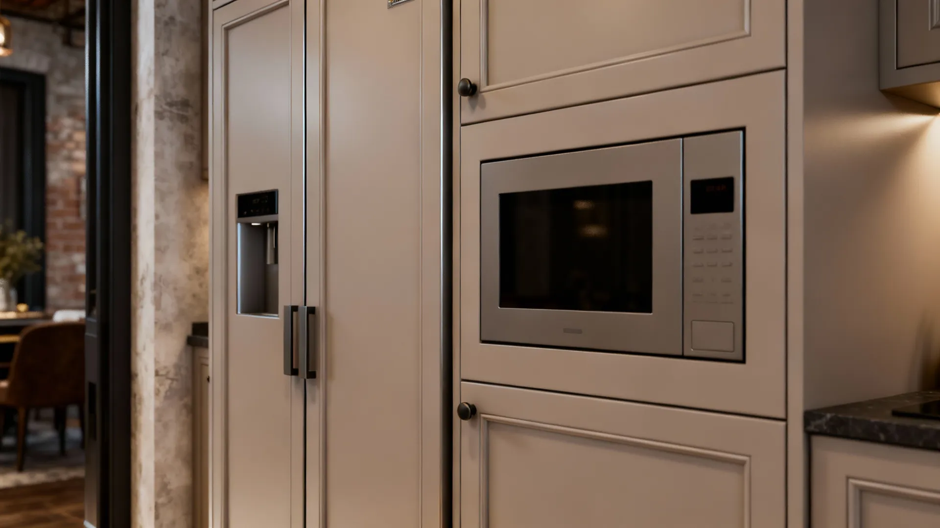 Paneled fridge and pocket-door microwave integrated into cabinetry for a tidy boutique-loft aesthetic.