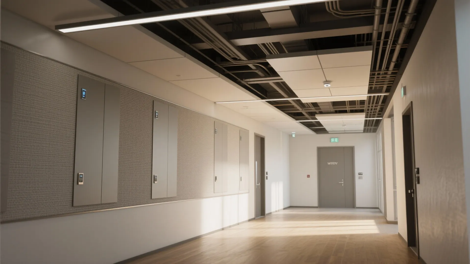 Office corridor featuring exposed ceiling pipes gray wall panels wood flooring and bright overhead lighting