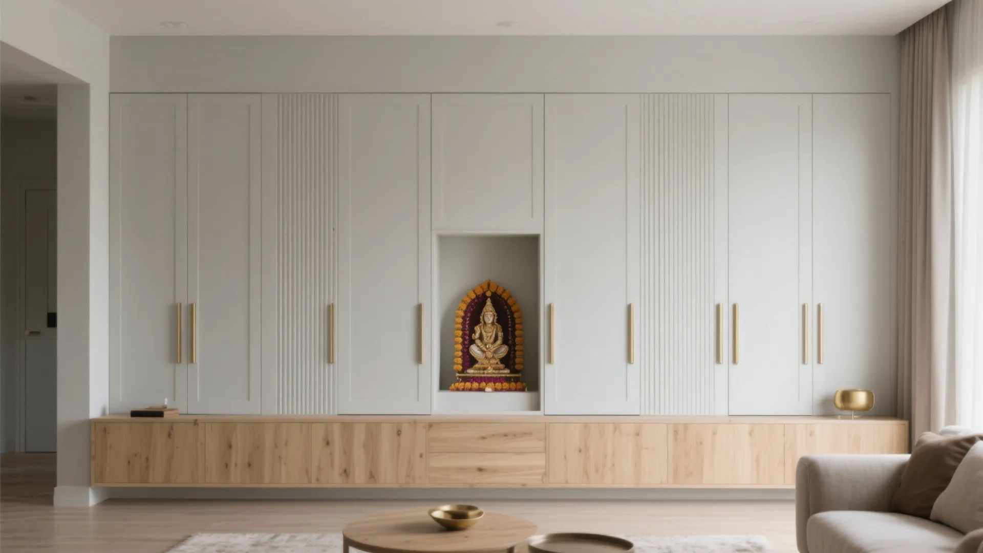 Concealed shrine behind fluted panels or a bookshelf