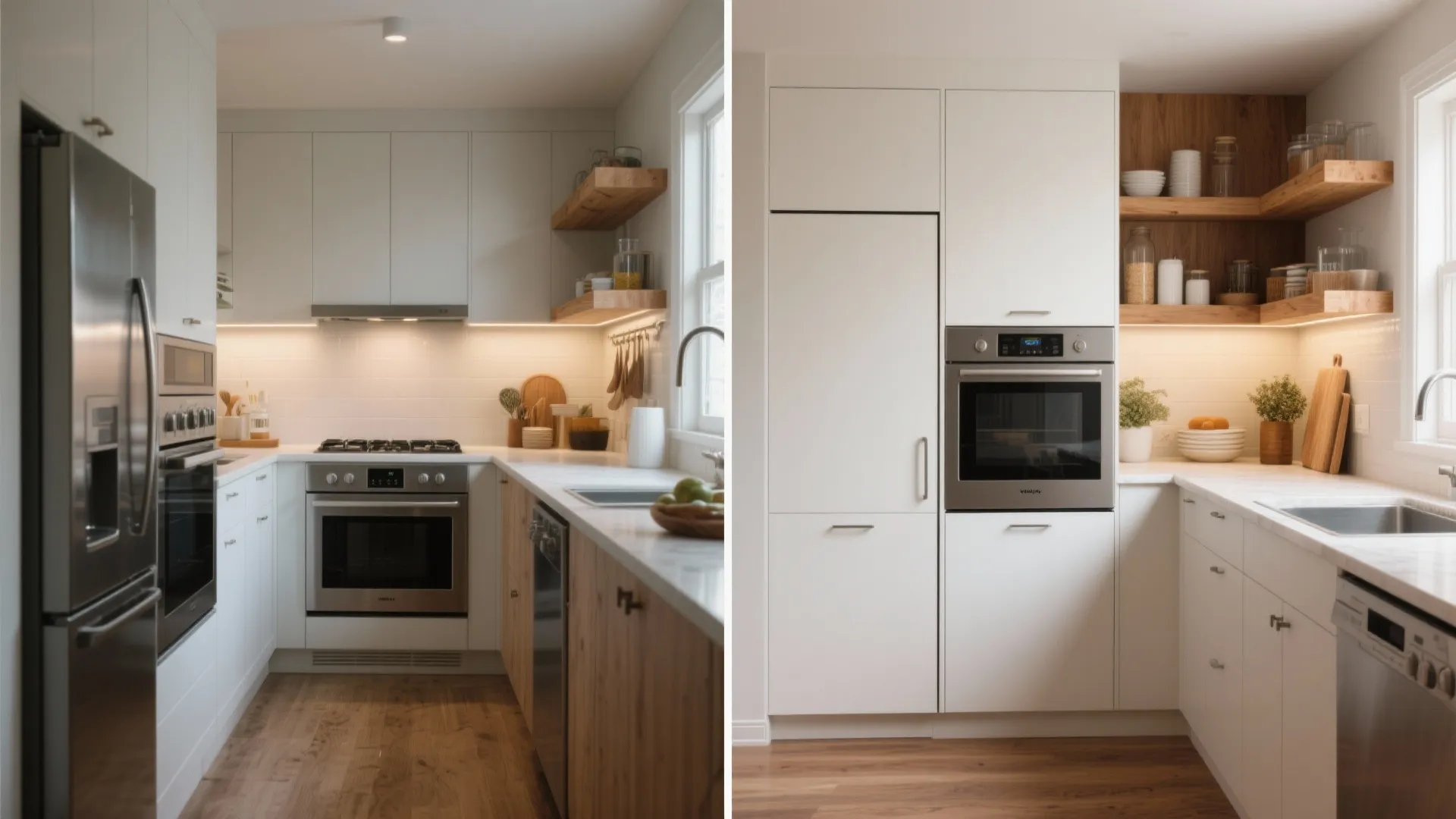 Before and after comparison of a modern kitchen remodel with white cabinets and wood flooring