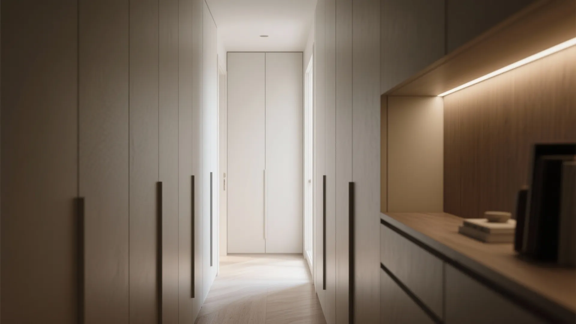 Minimalist hallway with white built in cabinets wooden floor and warm light from shelf niche