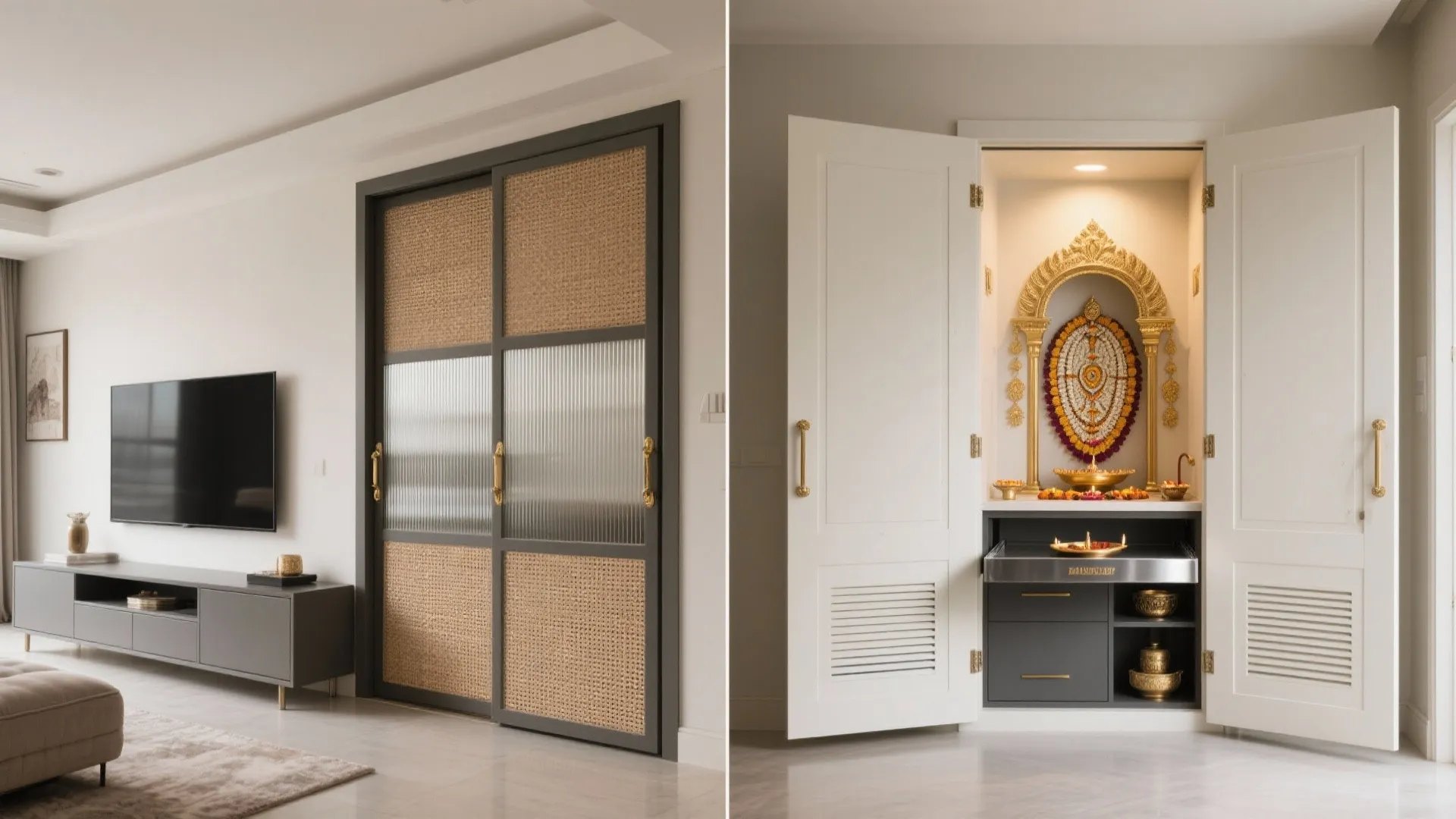 Living room showing closed sliding door with rattan panels next to an open prayer cabinet