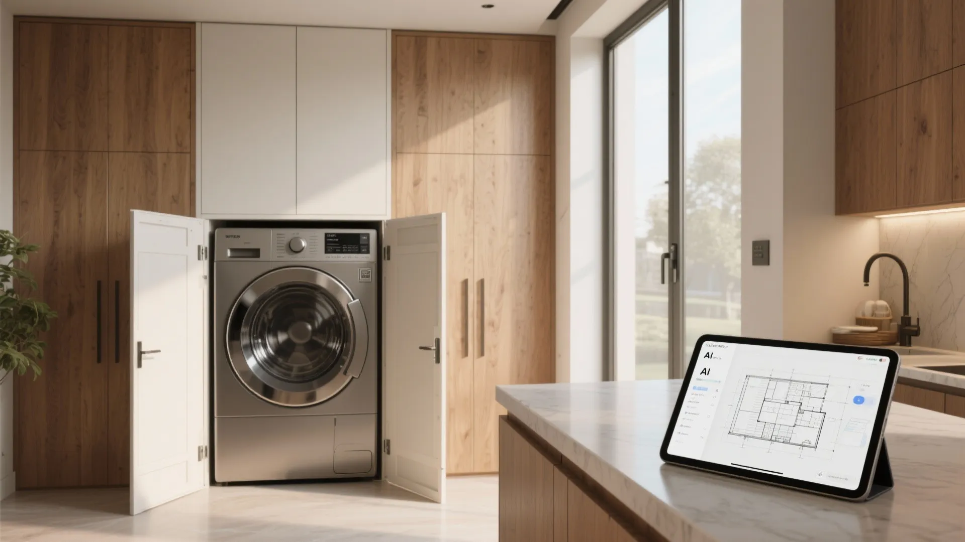 5. Concealed laundry behind cabinetry and AI-assisted layouts