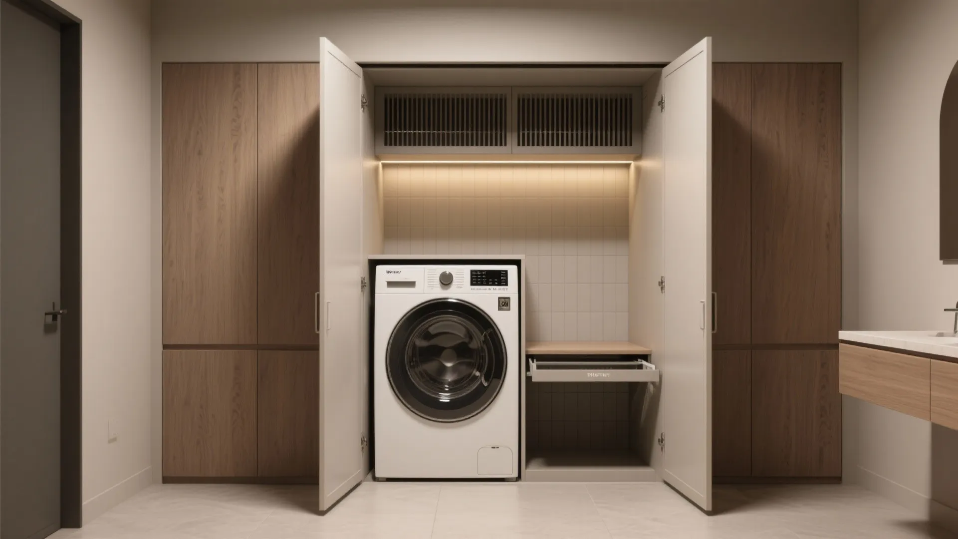 2. Concealed laundry cabinet with folding shelf