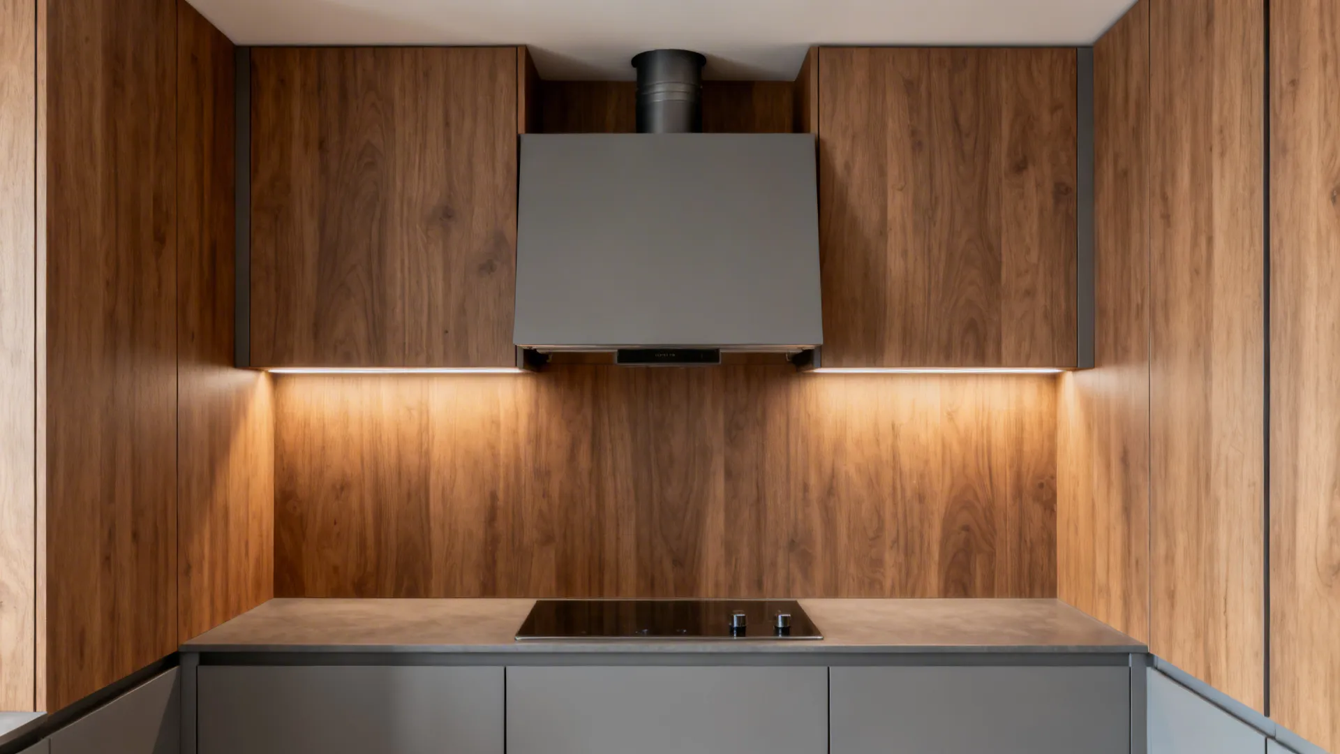 Modern kitchen with grey hood between wood cabinets above black stove and light grey cabinets