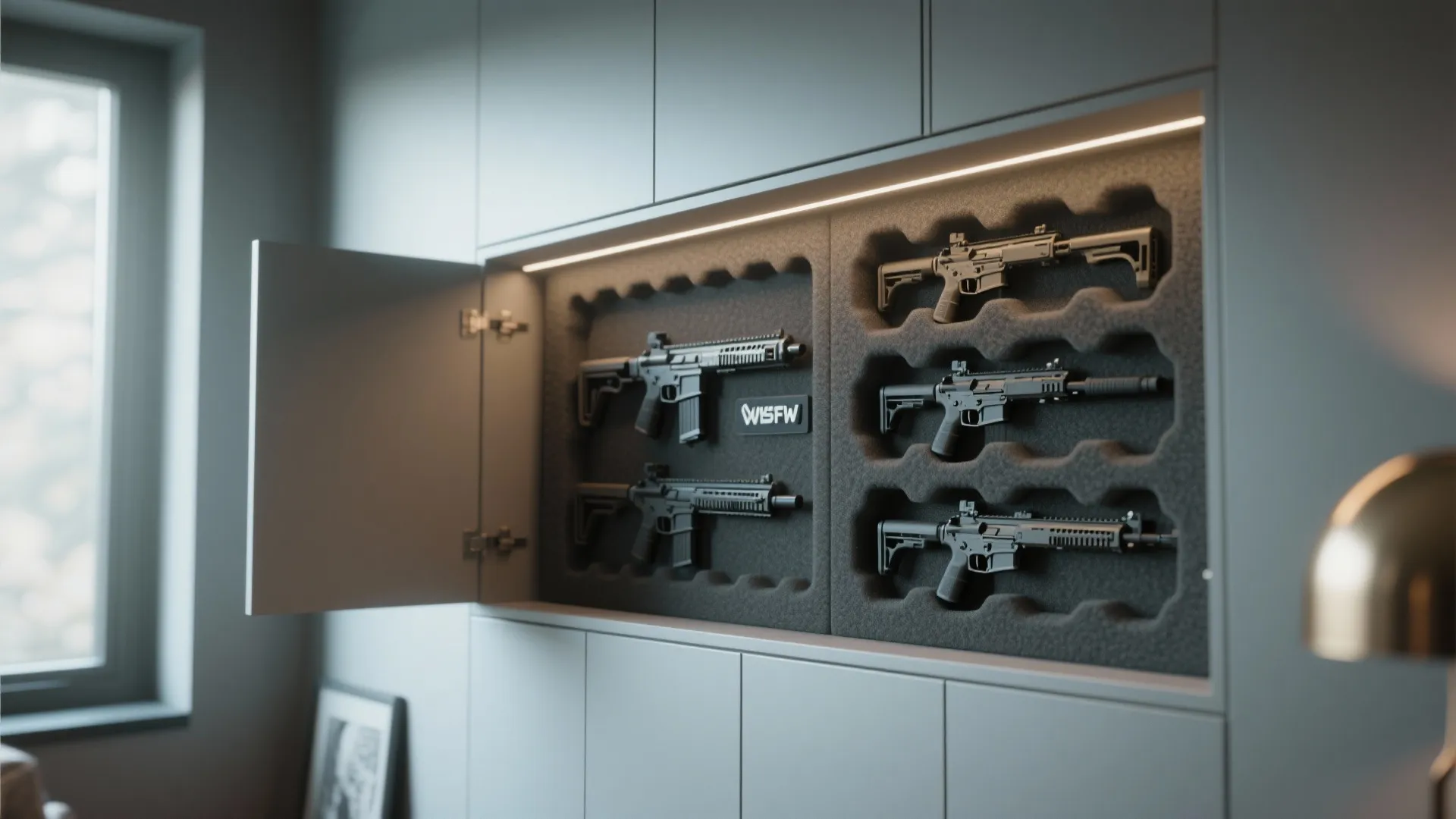 Concealed wall cabinet with custom firearm foam inserts