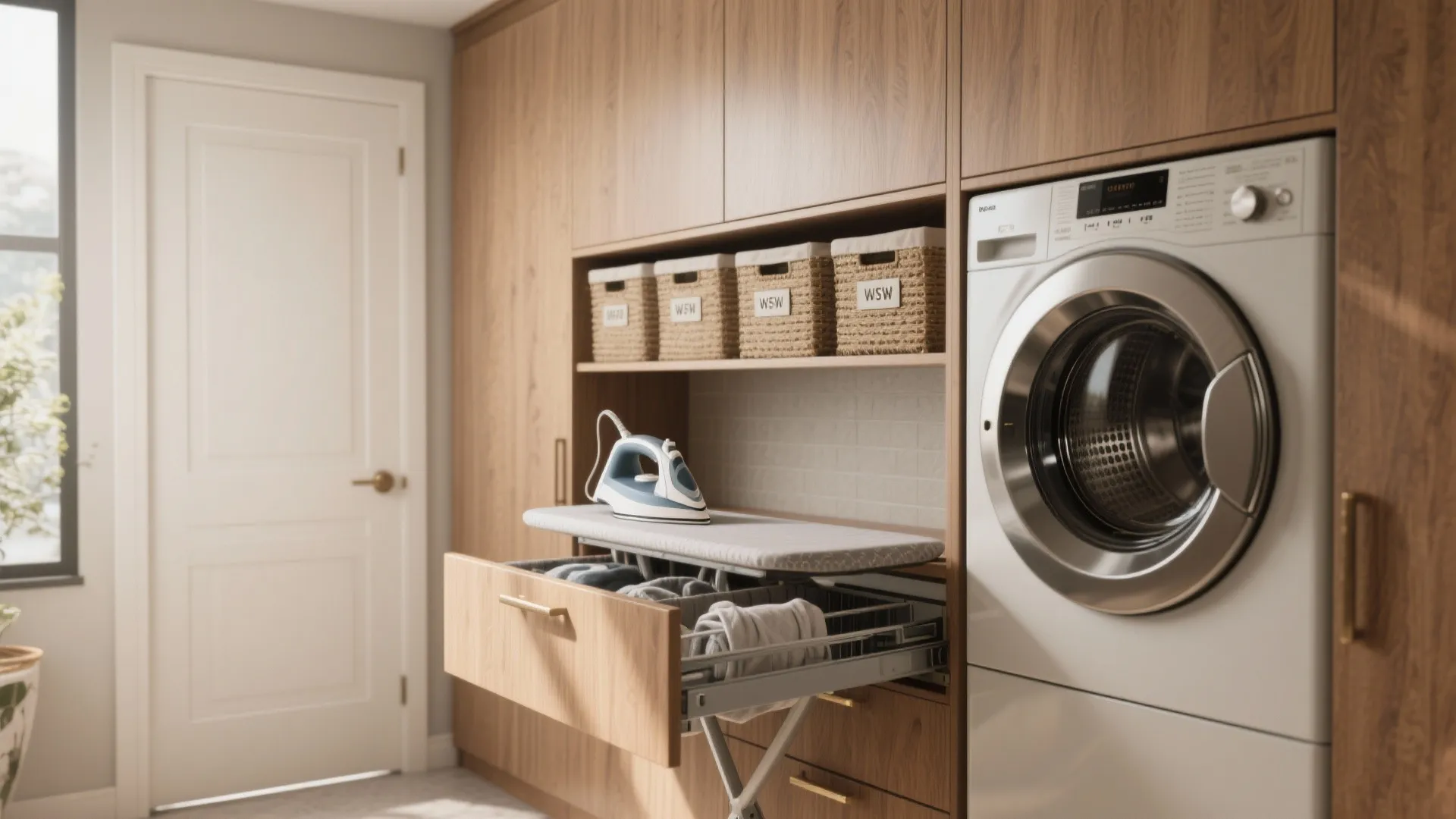 Concealed laundry cabinets with integrated pull-out hampers and a fold-down ironing shelf in warm wood finishes.