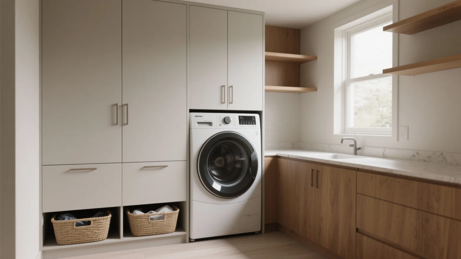 1. Concealed Cabinetry with Pull-Out Hampers