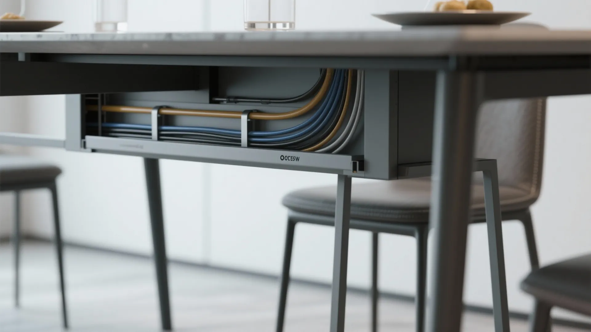 Under-table concealed cable management for clean look