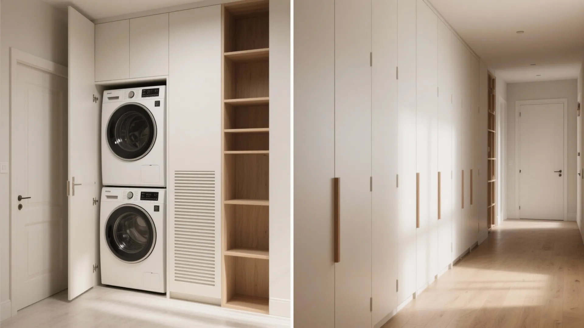Hidden stacked white washing machine and dryer inside white hallway cabinets with light wood floor