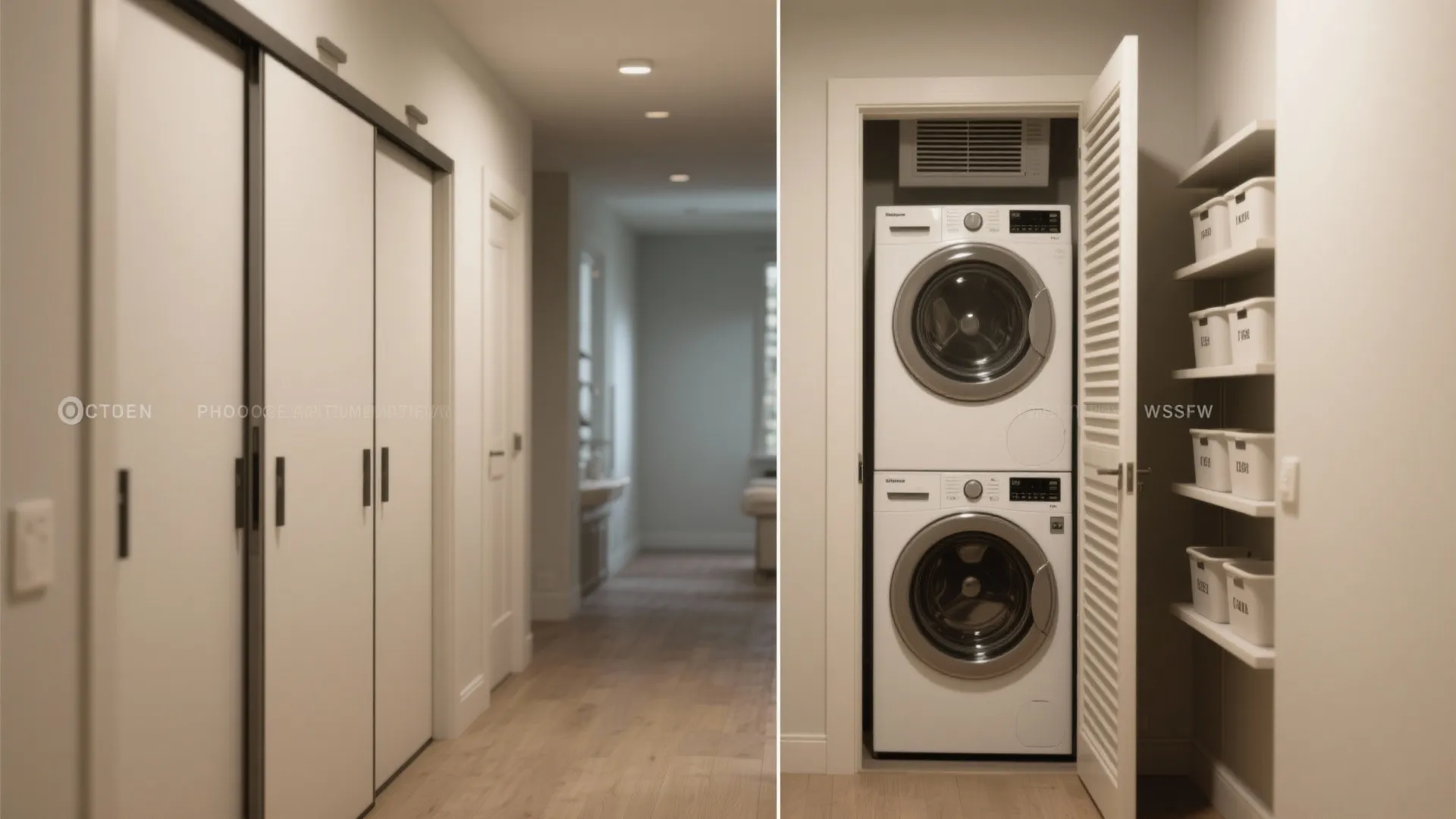 Before and after comparison of hallway closets hiding a stacked washer and dryer laundry area