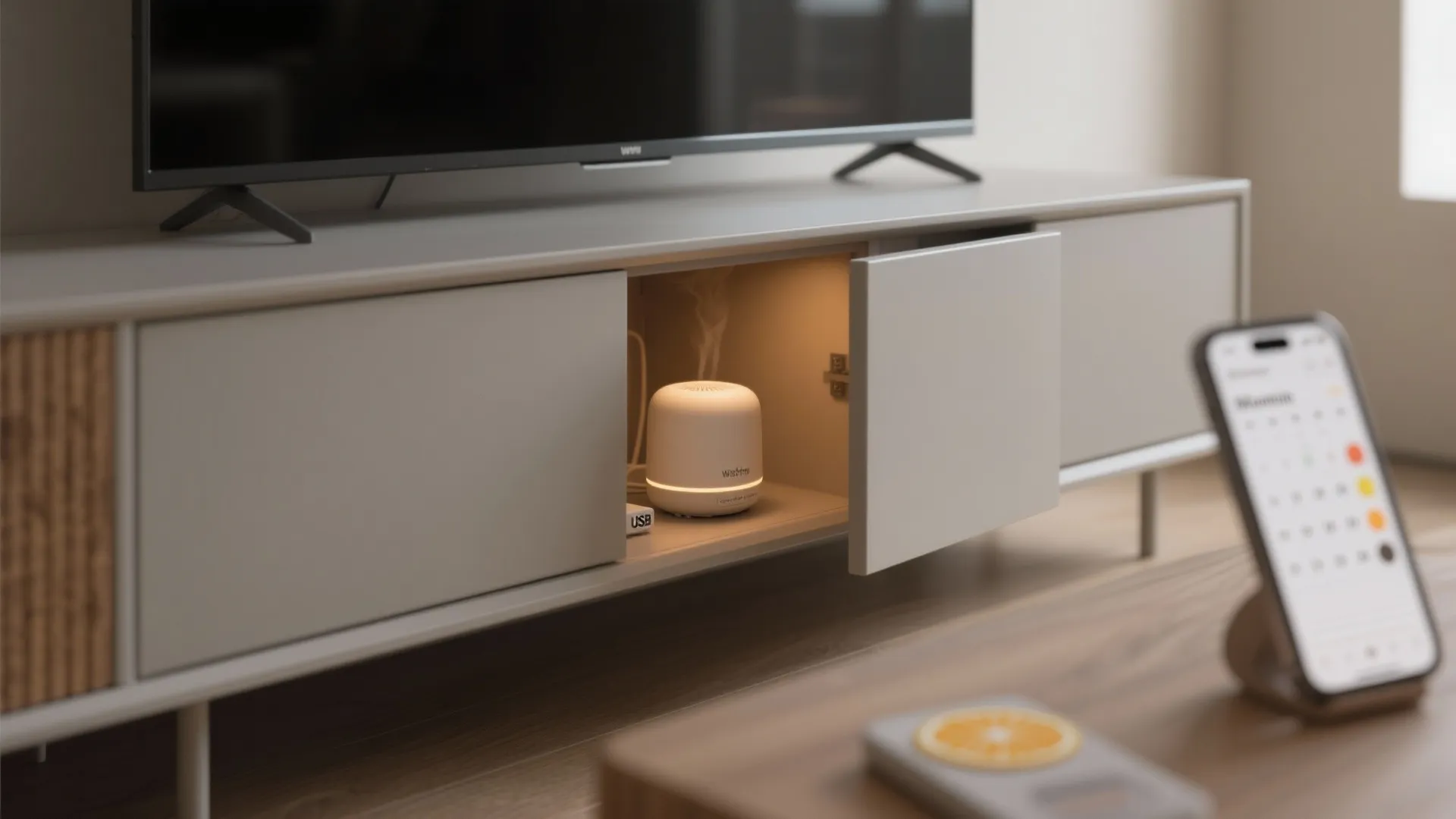 Small white air freshener inside a grey cabinet under a television with a smart phone