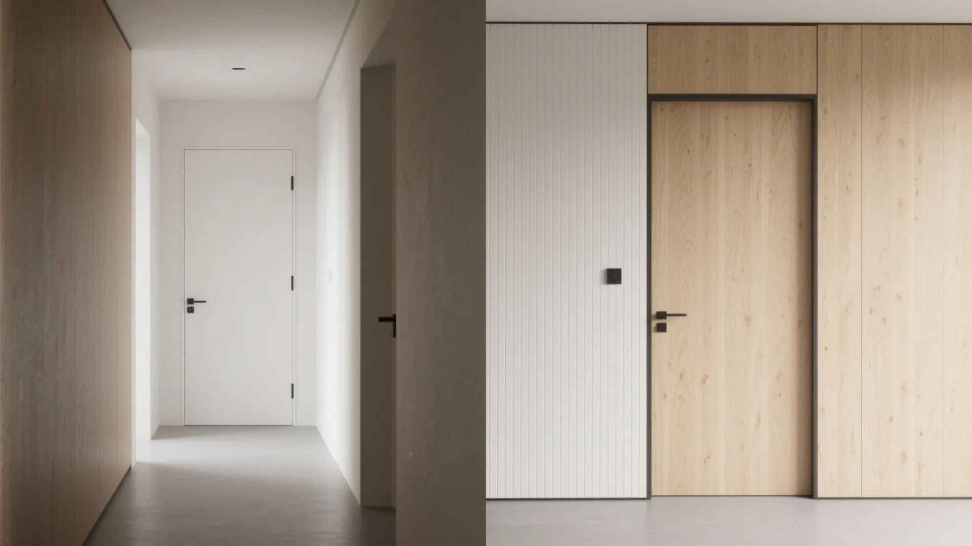 Comparison of white hallway door and wood wall panel door in a minimalist home design